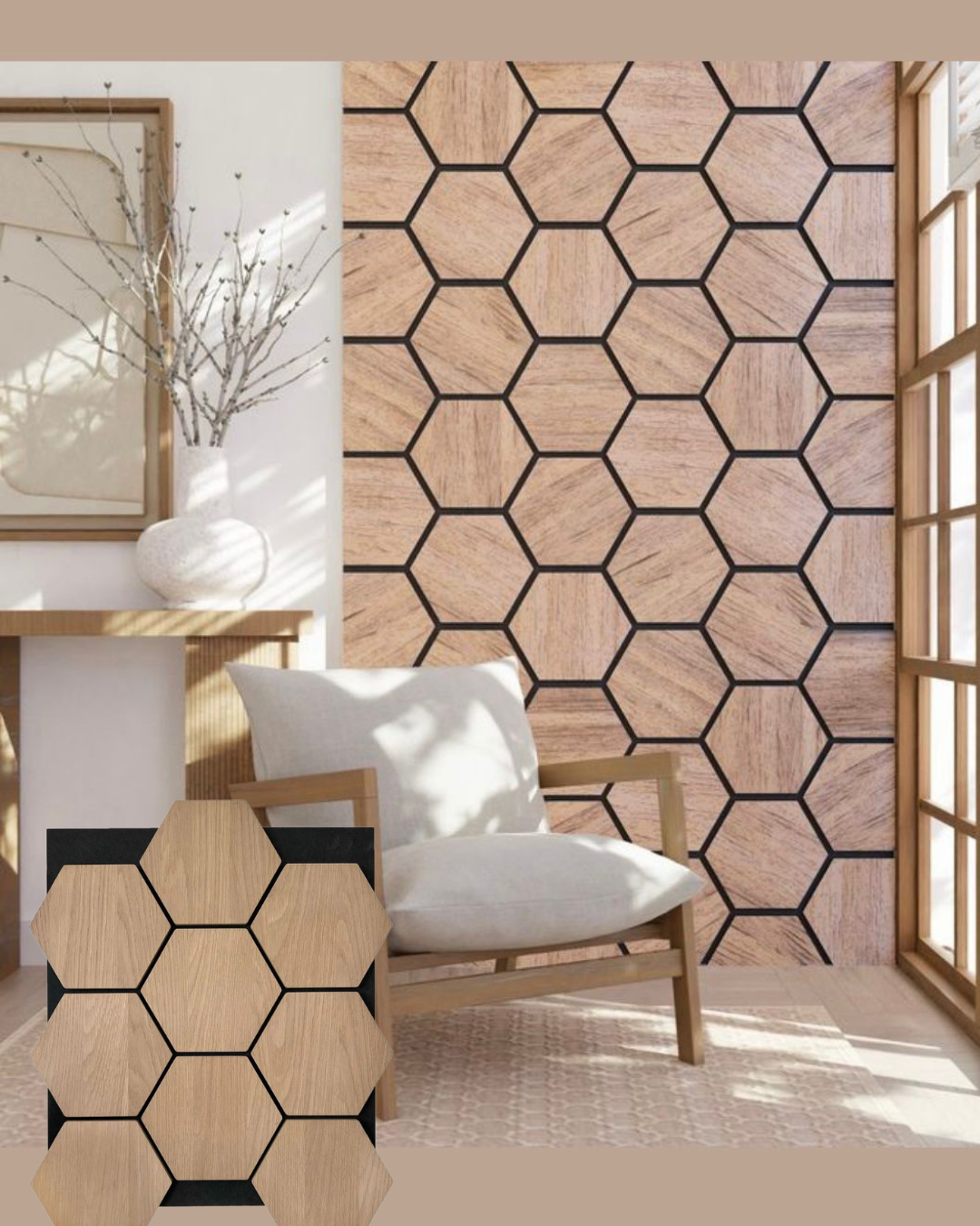 Hexagon Acoustic Wall Panels in Light Oak – Set of 5, 700mm x 570mm